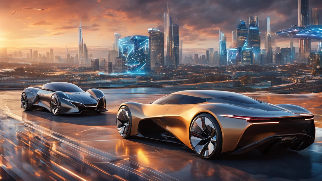 A futuristic collage capturing the essence of automotive innovation in 2024. A sleek lineup of top 10 game-changing cars takes center stage against a backdrop of digital circuits, symbolizing the revolution on wheels. Each car is meticulously placed, showcasing their distinctive features and cutting-edge designs.