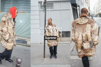 Supreme x MM6 Maison Margiela, Spring 2024 collection, streetwear, avant-garde fashion, collaboration, limited edition, faux fur coat, deconstructed varsity jacket, metallic work jacket, washed cotton suit, co-branded, accessories, blonde wig, receipt wallet, Kryptonite lock, skateboard